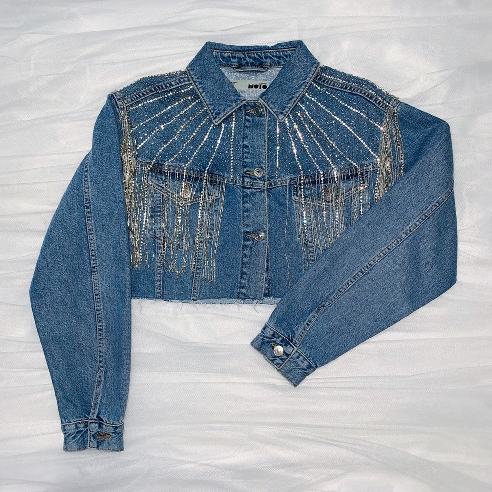 Topshop Dazzle Beaded Fringe Crop Denim Jacket
